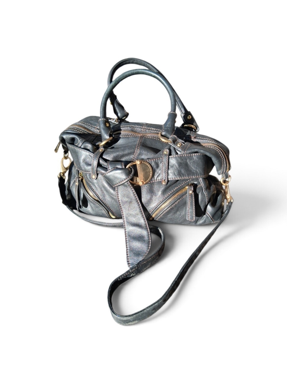 Steve Madden Black Leather Shoulder Satchel with Gold Hardware